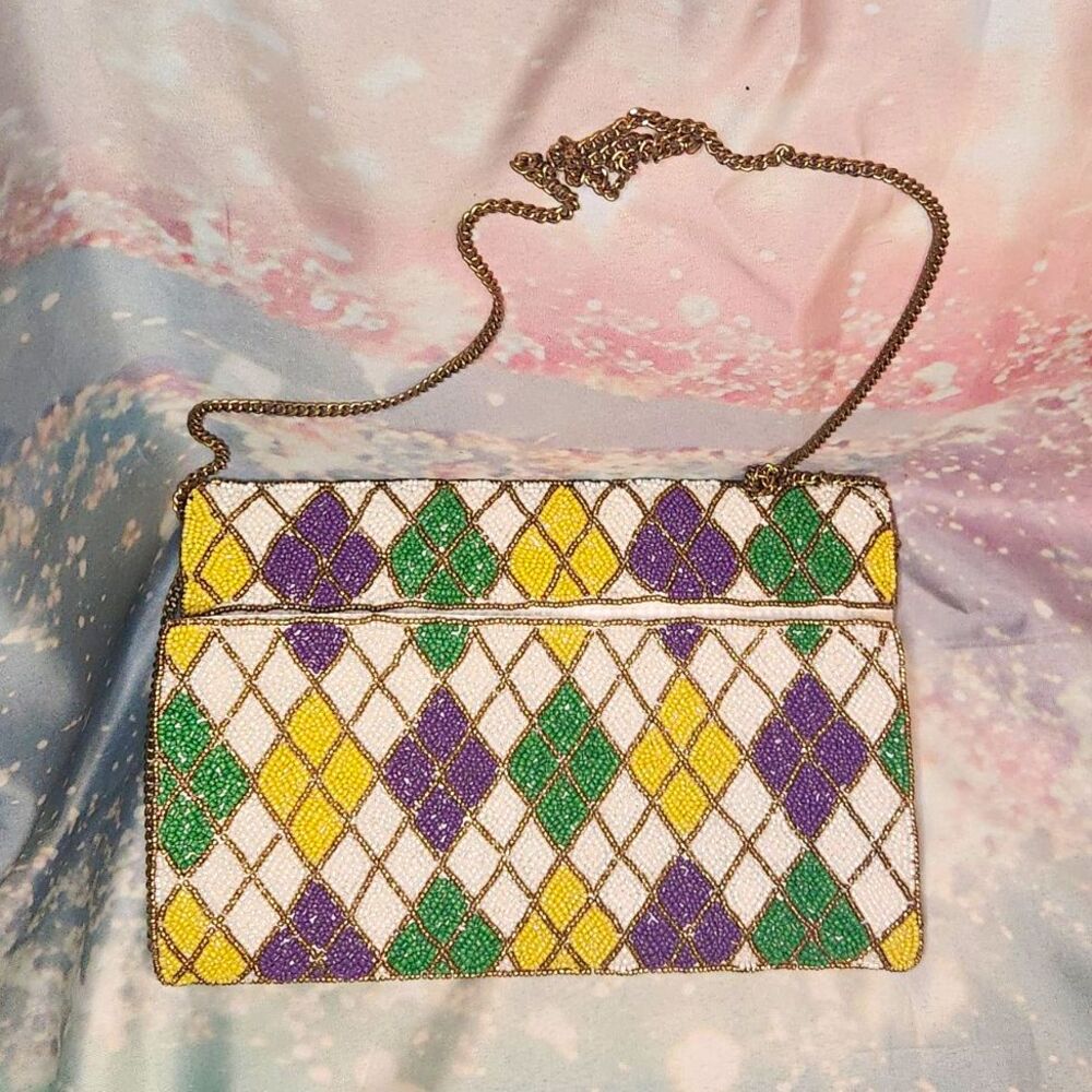 Vinsona White Satin Beaded Argyle Clutch Gold Chain Strap Magnetic, Lined